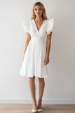 Ivory Chiffon A Line Pleated Short Graduation Dress with Ruffles