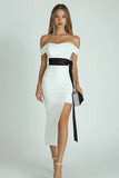 White and Black Satin Bodycon Asymmetrcial Graduation Dress