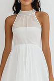 White Chiffon A Line Midi Graduation Dress