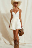 Ivory Satin A Line Short Graduation Dress with Pleats