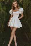 White Satin Puff Sleeves Short Graduation Dress