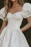 White Satin Puff Sleeves Short Graduation Dress
