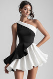 Black and White Satin One Shoulder Short Graduation Dress