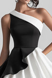 Black and White Satin One Shoulder Short Graduation Dress