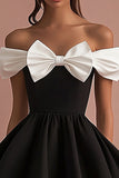 Black Satin A Line Short Graduation Dress with Bow
