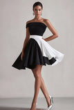Black and White Satin A Line One Shoulder Graduation Dress
