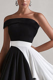 Black and White Satin A Line One Shoulder Graduation Dress
