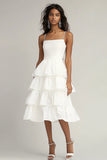 Ivory Tiered A Line Spaghetti Straps Graduation Dress with Ruffles