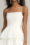 Ivory Tiered A Line Spaghetti Straps Graduation Dress with Ruffles