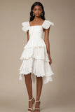 Ivory Tiered A Line Midi Graduation Dress with Ruffles
