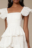 Ivory Tiered A Line Midi Graduation Dress with Ruffles
