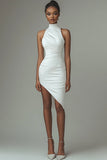 Simple White Satin High Neck Asymmetrical Graduation Dress