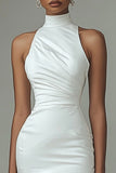 Simple White Satin High Neck Asymmetrical Graduation Dress