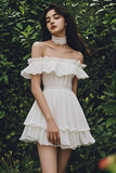 Ivory Tiered Chiffon Short Graduation Dress with Ruffles