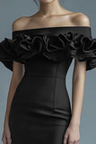 Black Satin Bodycon Cocktail Dress with Ruffles
