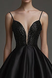Sparkly Black Satin Short Graduation Dress with Beading