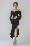 Black Chiffon Long Sleeve Formal Dress with Ruffles