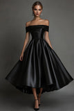 Black Satin Simple A Line Long Formal Dress