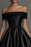 Black Satin Simple A Line Long Formal Dress