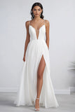 White A Line Spaghetti Straps Chiffon Wedding Dress With Slit