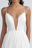 White A Line Spaghetti Straps Chiffon Wedding Dress With Slit