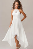 Halter A Line White Chiffon Holiday Dress with Lace