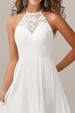 Halter A Line White Chiffon Holiday Dress with Lace