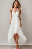 Halter A Line White Chiffon High-Low Graduation Dress