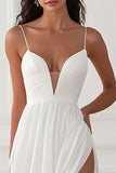 A Line White Chiffon Wedding Dress With Slit