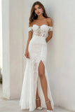 Off The Shoulder White Lace Wedding Dress with Slit
