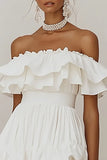 Off The Shoulder Ruffled A Line White Graduation Dress