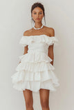 Off The Shoulder Tiered A Line White Graduation Dress