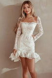 Long Sleeves Bodycon Ruffled Lace Little White Dress