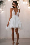 A Line Tulle White V Neck Graduation Dress