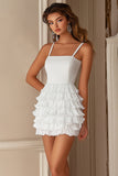 Ruffled Chiffon Spaghetti Straps Tiered Little White Dress