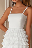 Ruffled Chiffon Spaghetti Straps Tiered Little White Dress