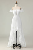 White Off The Shoulder Ruffle High-Low Graduation Dress