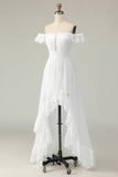 White Off The Shoulder Ruffle High-Low Graduation Dress