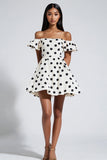 Off The Shoulder Black Dots White Mini Dress
