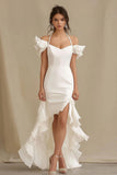 Ivory Cold Shoulder Sheath Ruffled Graduation Dress