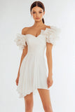 Off The Shoulder Ruffled Asymmetrical Ivory Graduation Dress