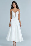 White A Line Spaghetti Straps Lace Long Wedding Dress