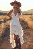 Ivory A Line High Low Tiered Ruffled Holiday Dress