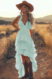 Ivory A Line High Low Tiered Ruffled Holiday Dress