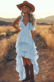 Ivory A Line High Low Tiered Ruffled Holiday Dress