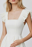 Square Neck Flutter Sleeves A Line Ivory Graduation Dress
