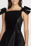 Simple A Line Satin Little Black Dress with Bow