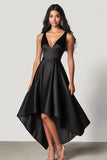 Satin A Line V-Neck High-Low Black Tie Dress