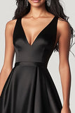 Satin A Line V-Neck High-Low Black Tie Dress