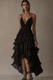 A Line V Neck Black Tie Dress with Ruffles